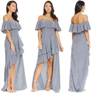 NWT Halston Heritage Asymmetrical Striped Off-Shoulder Ruffle Gown 0